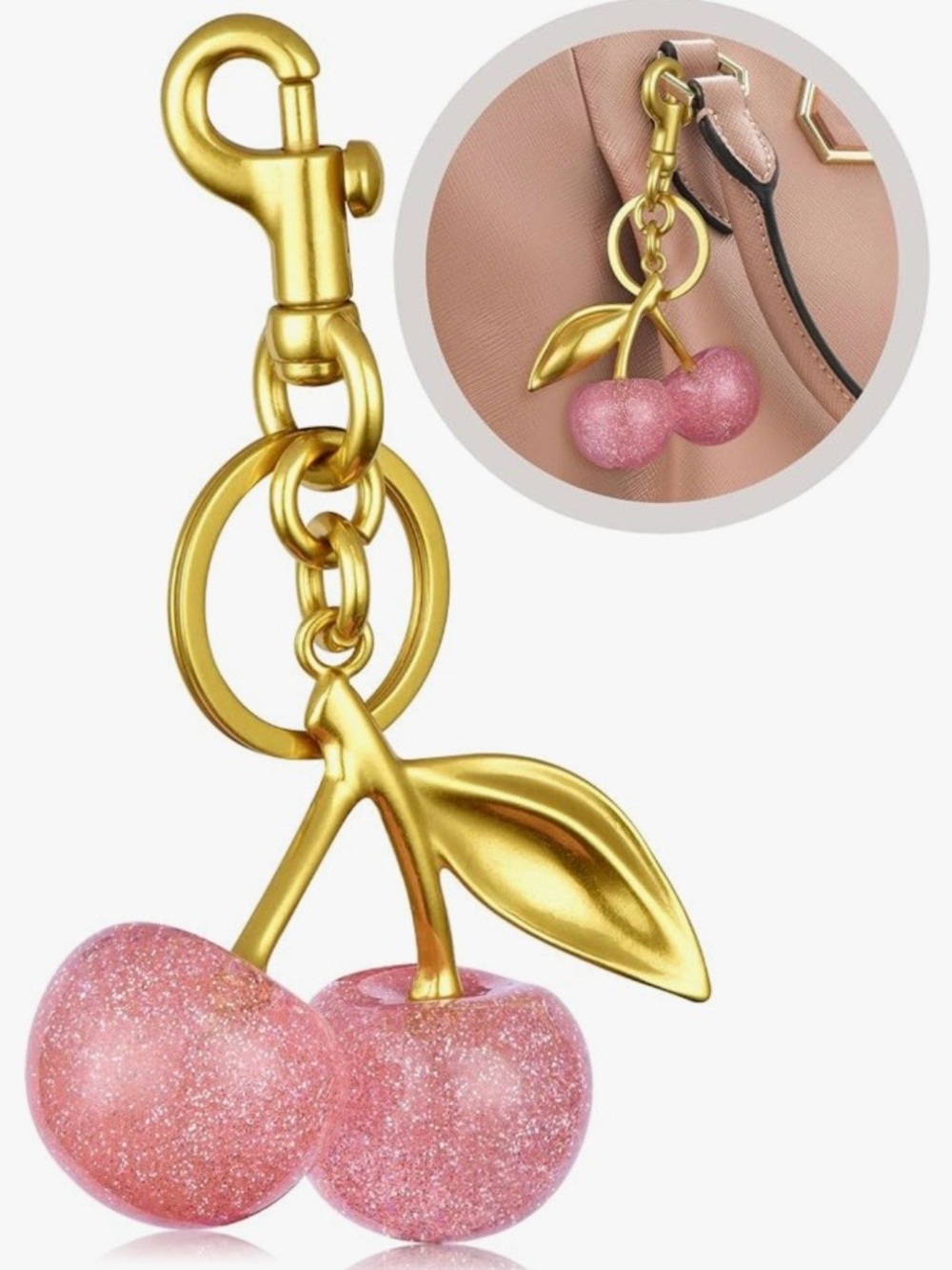 Pink Cherry Keychain Bag Charm Purse Pendant Clip Resin Glitter Cute